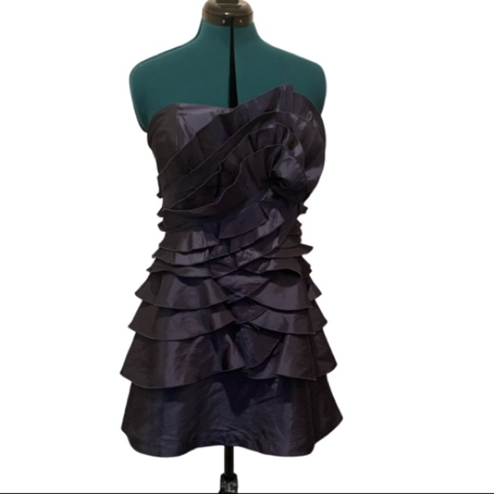 BCBGeneration Metallic Navy Strapless Shiny Tiered Ruffle Fit’nFlare Party Dress